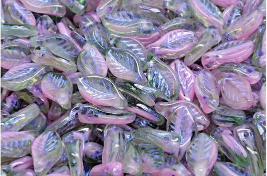 OUTLET 10 grams Bay Leaf Beads, 6 x 12 mm, Transparent Green Opaque Pink Blue Purple Lined (50520-76018-43809), Glass, Czech Republic