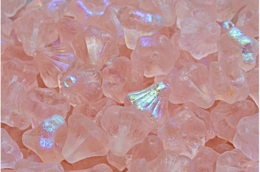 Flower Bell Beads, Transparent Pink Etched Ab (70110-etch-28701), Glass, Czech Republic