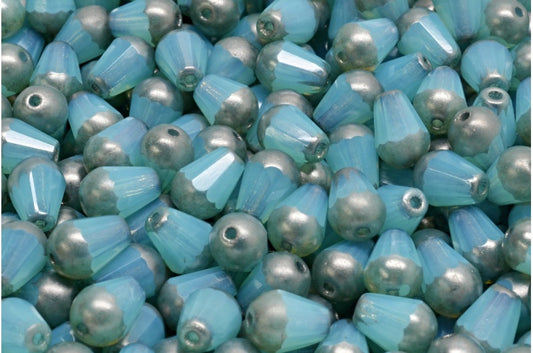 OUTLET 10 grams Faceted Fire Polished Teardrop Beads, 8 x 6 mm, Opal Aqua Platin (61010-13702), Glass, Czech Republic