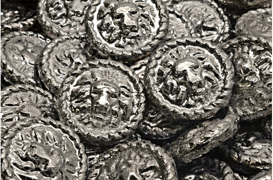 Lion Head Coin Beads, Crystal Antique Silver (00030-27403), Glass, Czech Republic