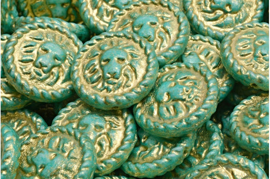 OUTLET 10 grams Lion Head Coin Beads, 18 x 18 mm, White Gold Lined Light Turquoise (02010-54302-34309), Glass, Czech Republic