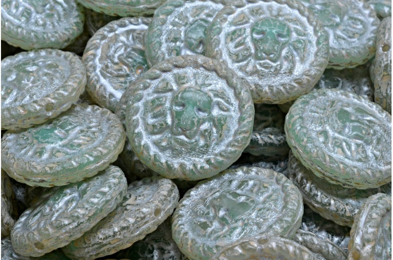 狮子头硬币珠，R0613 米色石灰华斑点银衬（R0613-33301-54301），玻璃，捷克共和国