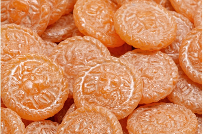 Lion Head Coin Beads, Orange Beige Travertin Spotted (R0912-33301), Glass, Czech Republic