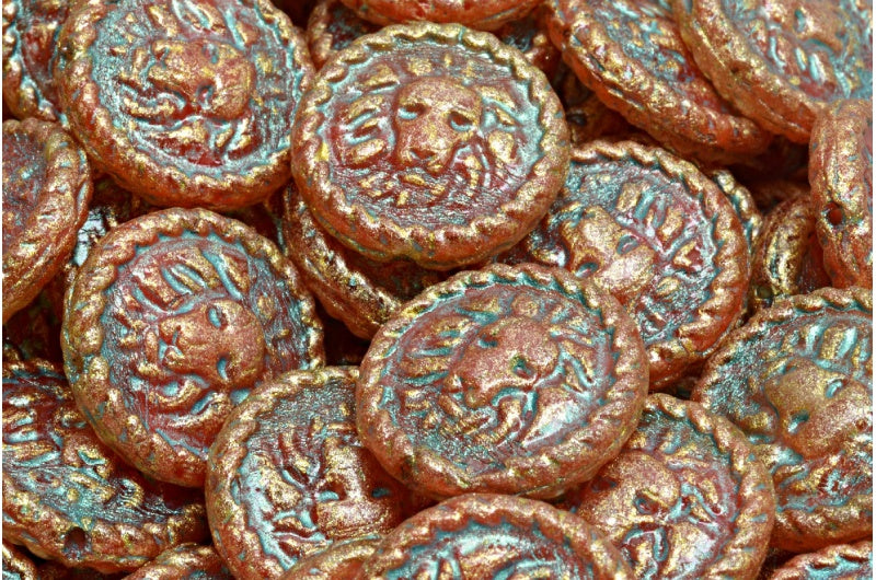 Lion Head Coin Beads, R0932 Light Blue Lined Light Yellow (R0932-43811-34302), Glass, Czech Republic