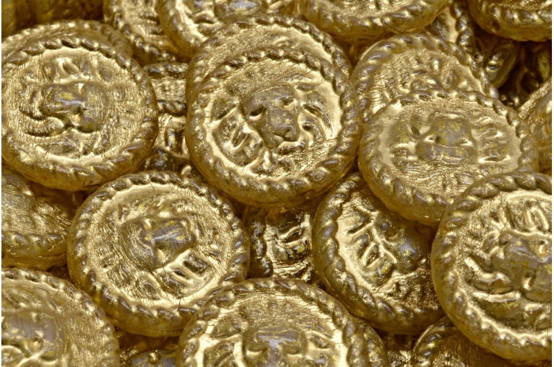 OUTLET 10 grams Lion Head Coin Beads, 18 x 18 mm, White Gold Lined Light Yellow (R0201-54302-34302), Glass, Czech Republic