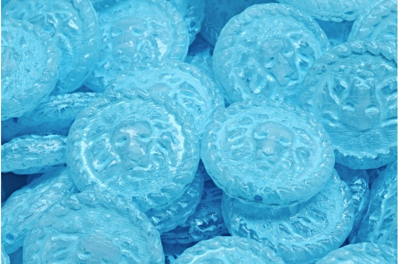 Lion Head Coin Beads, White Light Blue Lined (R0201-54308), Glass, Czech Republic
