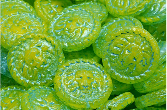 Lion Head Coin Beads, Yellow Opal Mix Light Blue Lined (R0813-54308), Glass, Czech Republic