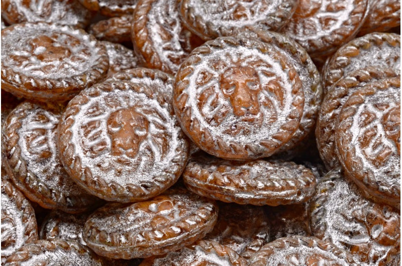 Lion Head Coin Beads, Orange Travertin Silver Lined (R0912-86800-54301), Glass, Czech Republic