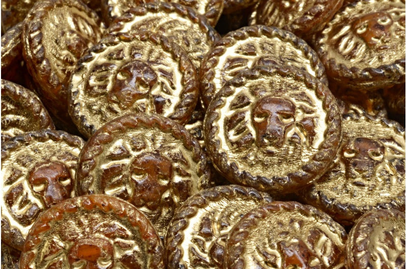 Lion Head Coin Beads, Orange Travertin Gold Lined (R0912-86800-54302), Glass, Czech Republic
