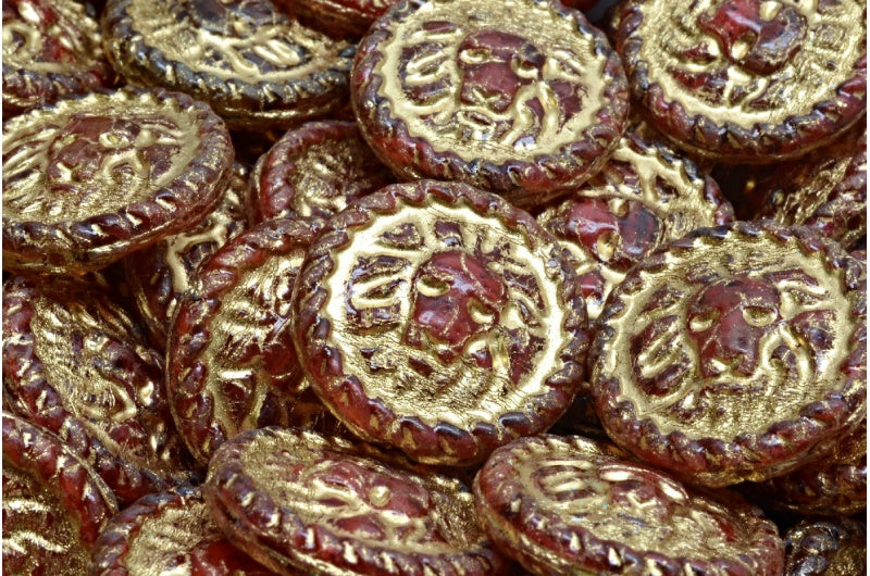 Lion Head Coin Beads, R0932 Travertin Gold Lined (R0932-86800-54302), Glass, Czech Republic