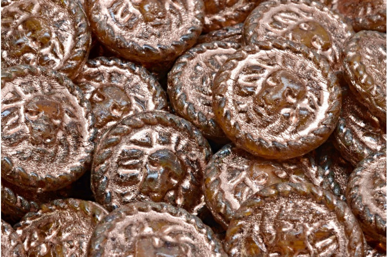 Lion Head Coin Beads, Orange Travertin Copper Lined (R0912-86800-54307), Glass, Czech Republic