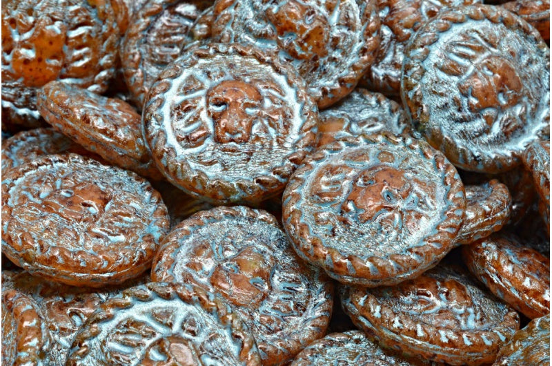 Lion Head Coin Beads, Orange Travertin Light Blue Lined (R0912-86800-54308), Glass, Czech Republic