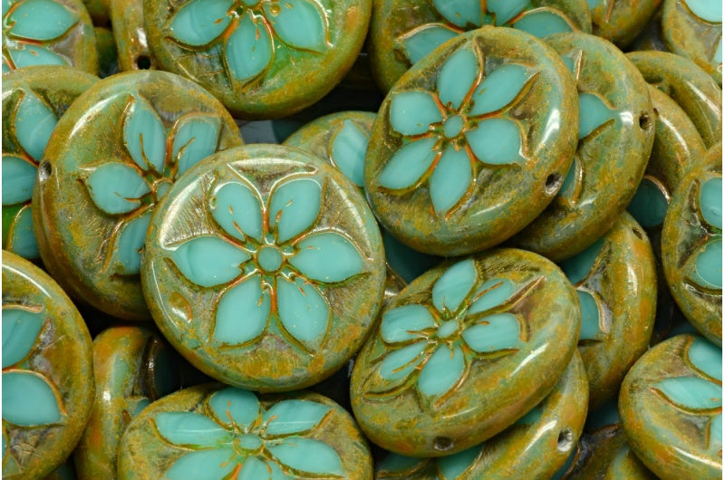 Table Cut Coin Flower Beads, Turquoise Travertin Orange Spotted (63130-86800-33302), Glass, Czech Republic