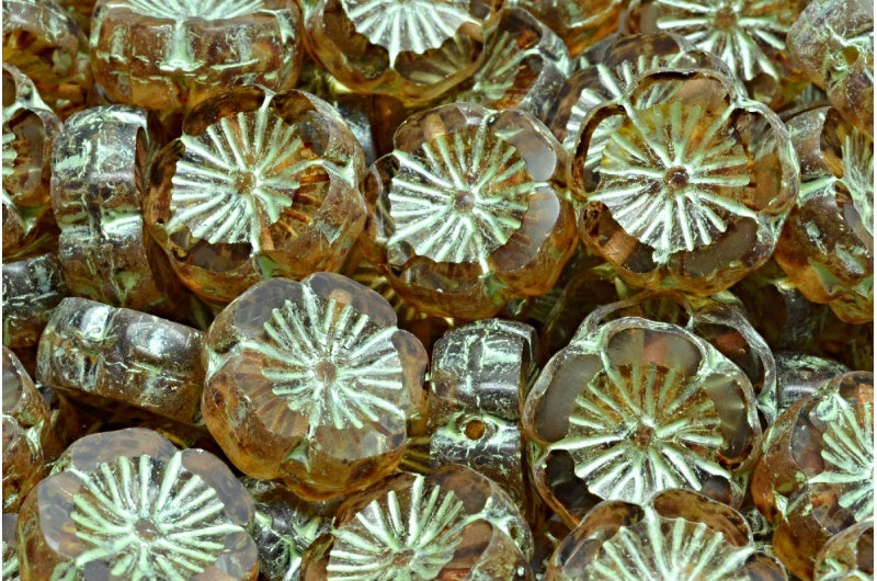 Table Cut Hawaii Flower Beads, Crystal Travertin Green Lined (00030-86800-54322), Glass, Czech Republic