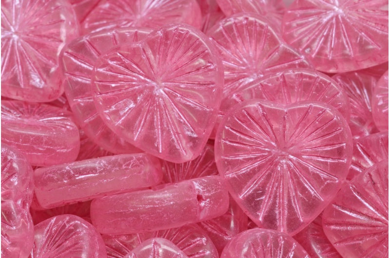 Kiwi Heart Beads, Transparent Pink Pink Lined (70110-54321), Glass, Czech Republic