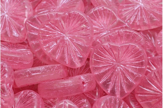 Kiwi Heart Beads, Transparent Pink Pink Lined (70110-54321), Glass, Czech Republic