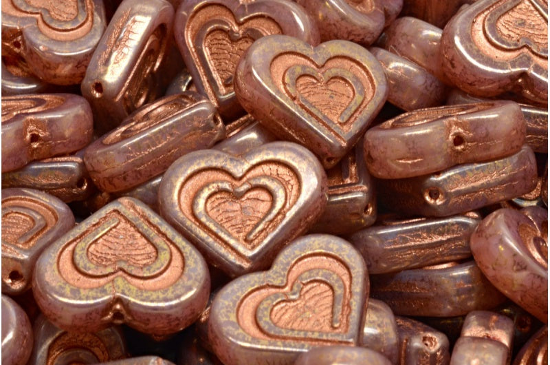 Heart In Heart Beads, Opal Pink Terracotta Violet Copper Lined (71010-15496-54319), Glass, Czech Republic