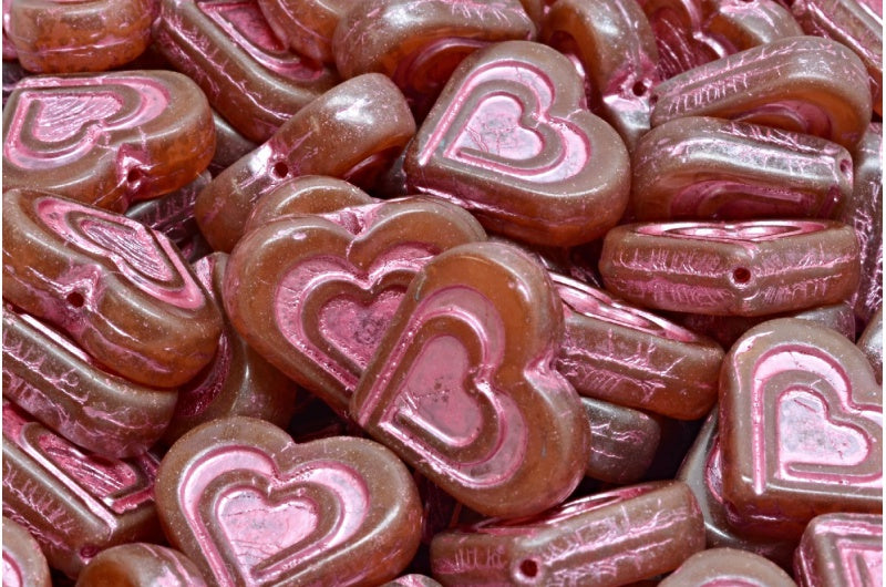 Heart In Heart Beads, Opal Pink Travertin Pink Lined (71010-86800-54321), Glass, Czech Republic