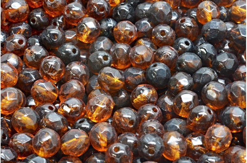 Faceted Round Fire Polished Beads, Orange With Brown Lines (18016), Glass, Czech Republic