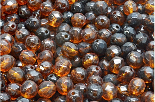 Faceted Round Fire Polished Beads, Orange With Brown Lines (18016), Glass, Czech Republic