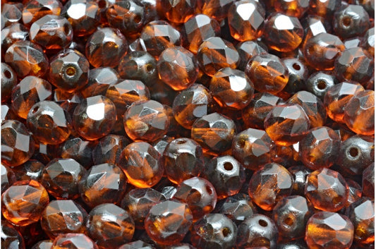 Faceted Round Fire Polished Beads, Transparent Brown (10120), Glass, Czech Republic