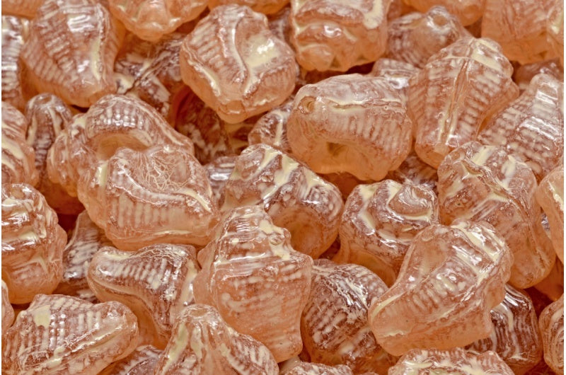 Murex Shell Beads, Transparent Pink Beige Travertin Spotted (70110-33301), Glass, Czech Republic