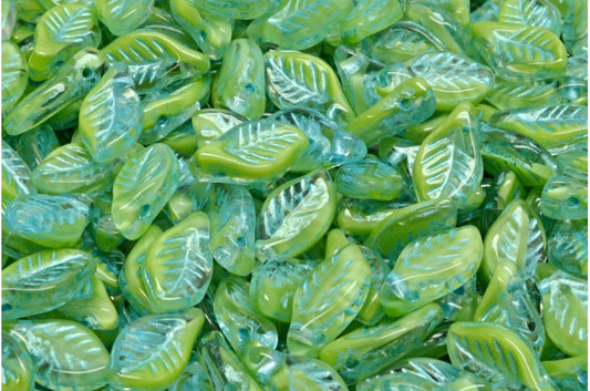 Bay Leaf Beads, Opaque Green Light Blue Lined (56018-54308), Glass, Czech Republic