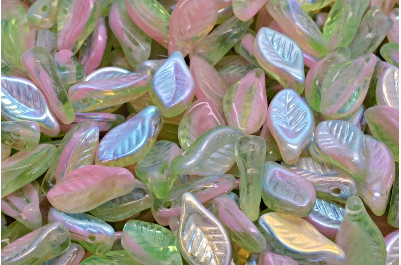 Bay Leaf Beads, Transparent Green Opaque Pink Ab (50520-76018-28701), Glass, Czech Republic