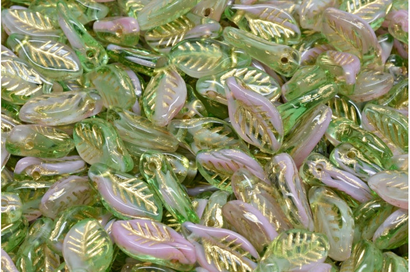 Bay Leaf Beads, Transparent Green Opaque Pink Gold Lined (50520-76018-54302), Glass, Czech Republic