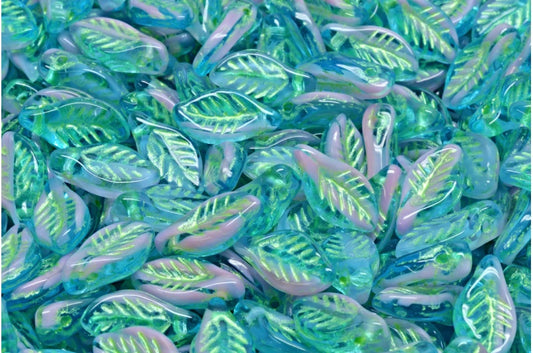 Bay Leaf Beads, Transparent Aqua Opaque Pink Green (60020-76018-43813), Glass, Czech Republic