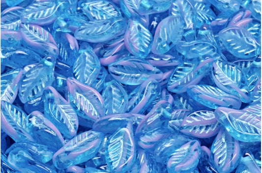 Bay Leaf Beads, Transparent Aqua Opaque Pink Light Blue Lined (60020-76018-54308), Glass, Czech Republic