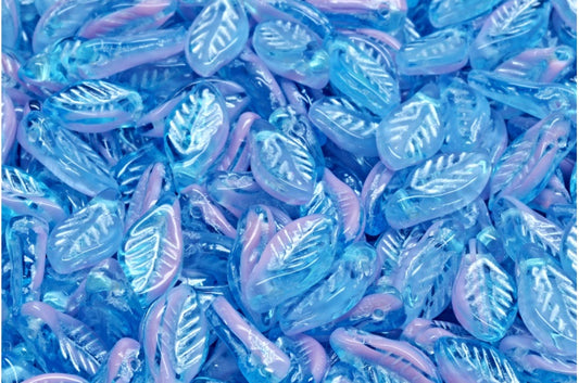 Bay Leaf Beads, Transparent Aqua Opaque Pink White Lined (60020-76018-54312), Glass, Czech Republic