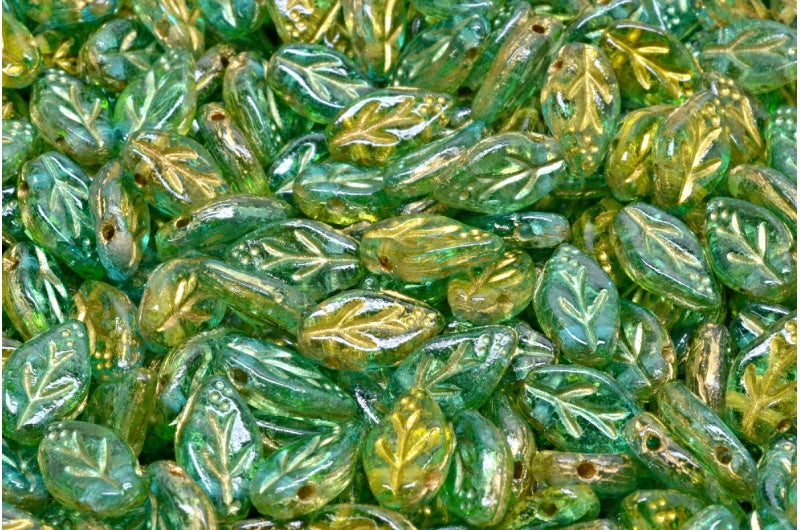 樱花叶珠，水晶金线黄绿色透明染色 (00030-54302-48010)，玻璃，捷克共和国