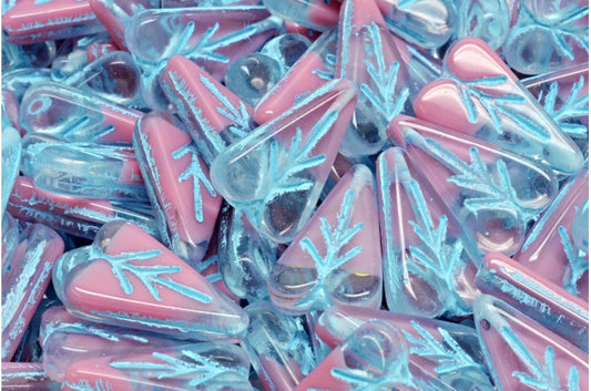 Heart Leaf Bead, Pink Light Blue Lined (R0742-54308), Glass, Czech Republic