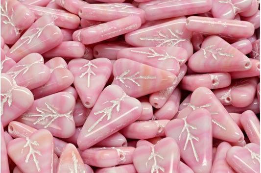 Heart Leaf Bead, Opaque Pink White Lined (74010-54312), Glass, Czech Republic