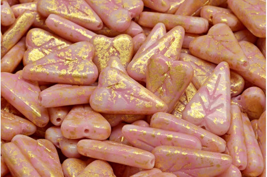 Heart Leaf Bead, Opaque Pink Gold Splash (74010-94401), Glass, Czech Republic