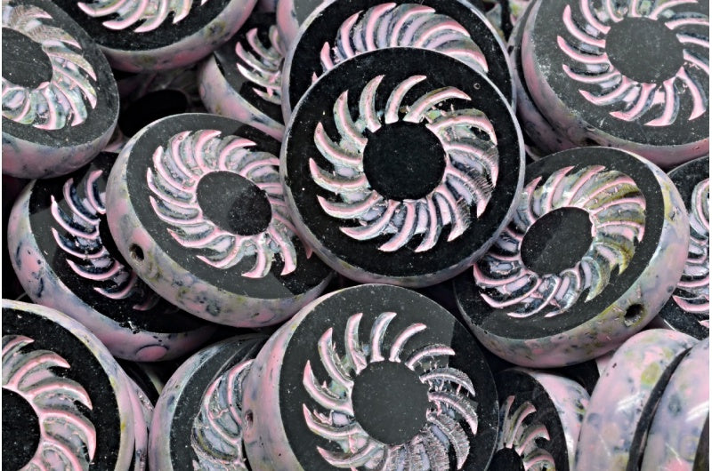Tcb Round Turbine Beads, Black Travertin Warm Purple Spotted (23980-86800-33304), Glass, Czech Republic