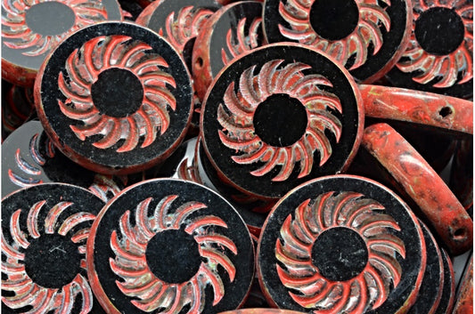 Tcb Round Turbine Beads, Black Travertin Beige Orange Spotted (23980-86800-33307), Glass, Czech Republic