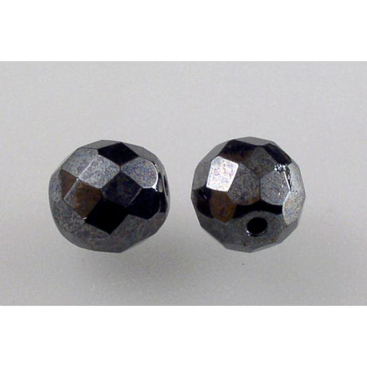 Faceted Round Fire Polished Beads, Black Hematite (23980-14400), Glass, Czech Republic