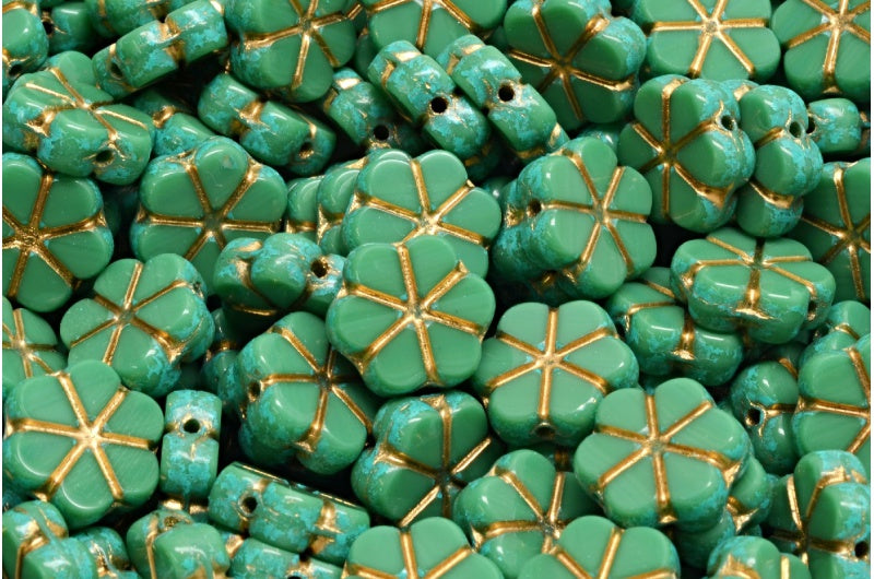 Table Cut Garland Flower Beads, Opaque Green Turqouise Spotted Gold Lined (53230-33310-54302), Glass, Czech Republic