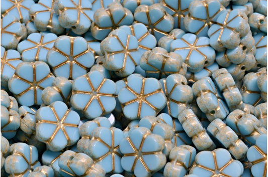Table Cut Garland Flower Beads, Blue Beige Travertin Spotted Gold Lined (63020-33301-54302), Glass, Czech Republic