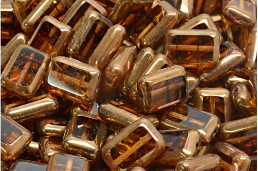 Table Cut Rectangle Beads, Orange With Brown Lines Bronze (18016-14415), Glass, Czech Republic