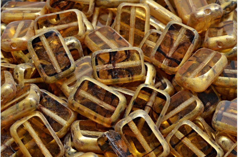 Table Cut Rectangle Beads, Orange With Brown Lines Gold Splash (18016-86720), Glass, Czech Republic
