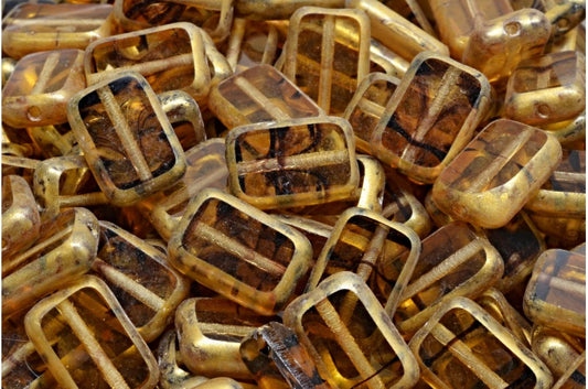 Table Cut Rectangle Beads, Orange With Brown Lines Gold Splash (18016-86720), Glass, Czech Republic