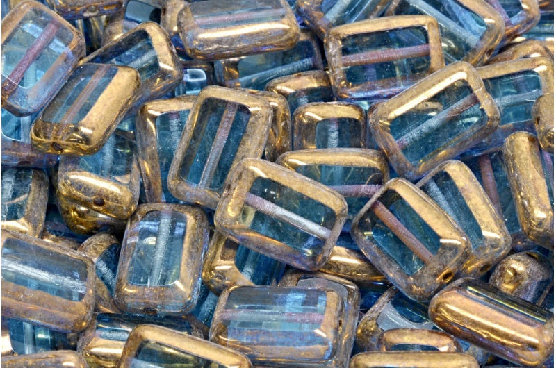 Table Cut Rectangle Beads, Transparent Aqua Brass (60000-90215), Glass, Czech Republic