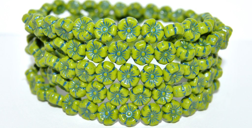 OUTLET 10 grams Hawaiian Flower Beads, 8 x 8 mm, Opaque Green Blue Lined (53400-43812), Glass, Czech Republic