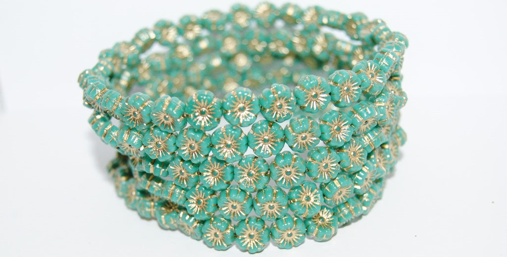 Hawaii Flower Pressed Glass Beads, Turquise Gold Lined (63140-54202), Glass, Czech Republic ~ STRANDED