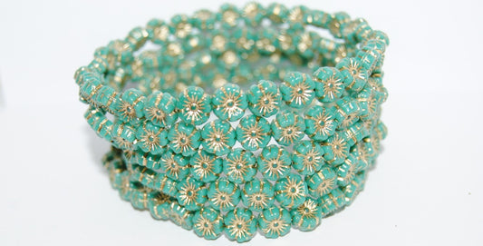Hawaii Flower Pressed Glass Beads, Turquise Gold Lined (63140-54202), Glass, Czech Republic ~ STRANDED