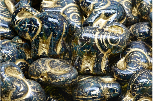 Elephant Beads, Blue Green Uranium Travertin Gold Lined (87311-86800-54302), Glass, Czech Republic