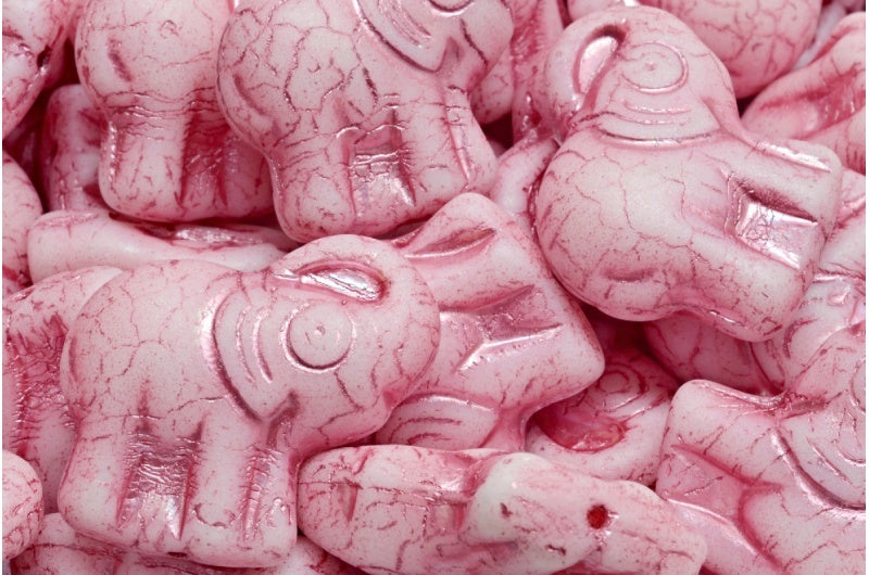Elephant Beads, White Matte Ab Full (2X Side) Pink Lined (02010-84100-28703-54321), Glass, Czech Republic